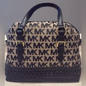 Michael Kors Gladstone Black Beige Leather Fabric Satchel Bag Purse NWT
